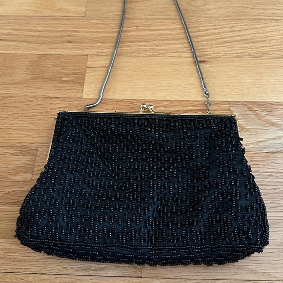 Black Beaded Evening Bag Multi Color Beads Long Chain Strap - Picture 6 of 16